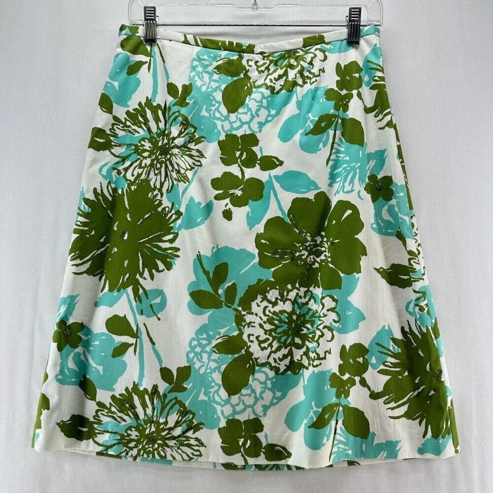 Valerie Stevens Skirt Sz 8P Petite Floral A-Line Knee Length Cotton Blend Green - Picture 1 of 11